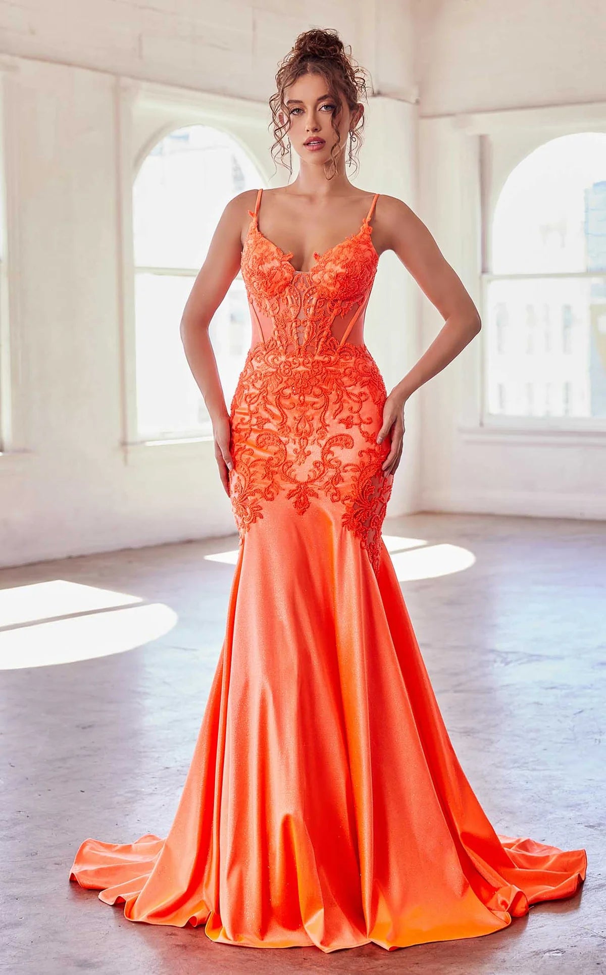 Neon Orange Beaded Mermaid Gown